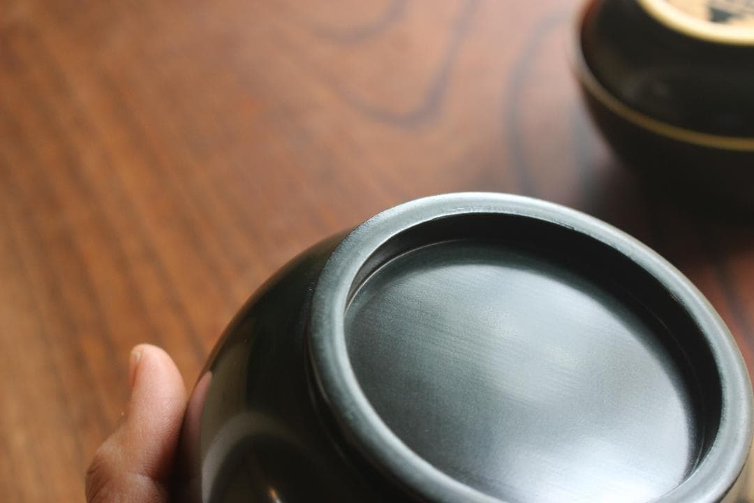 デッドストック！時代金縁青塗りに極上家紋沈金の映えるお椀2点（検輪島塗沈金椀