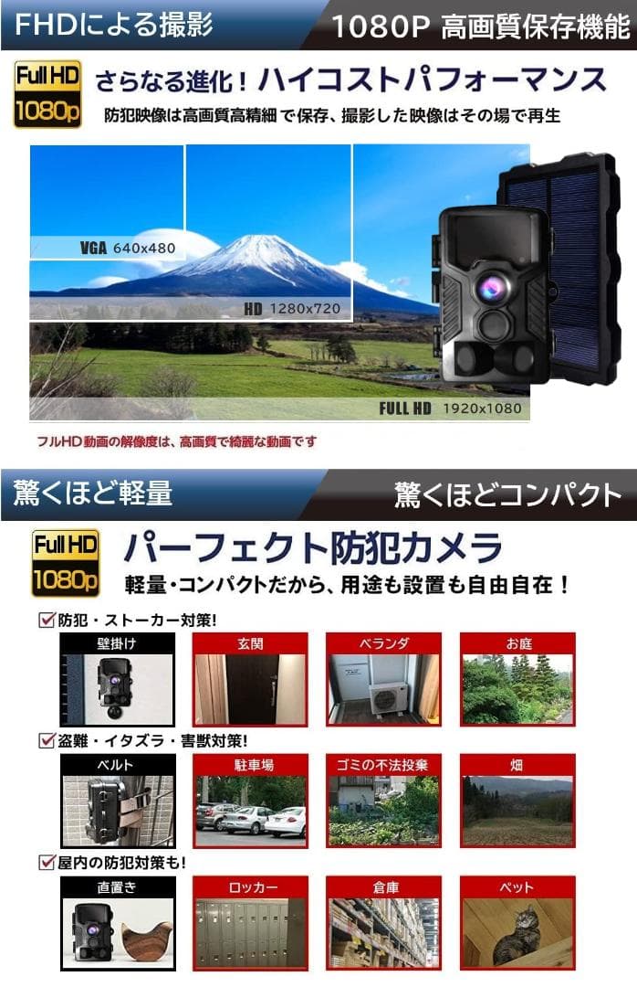 高画質 ソーラーパネル付き防犯カメラ