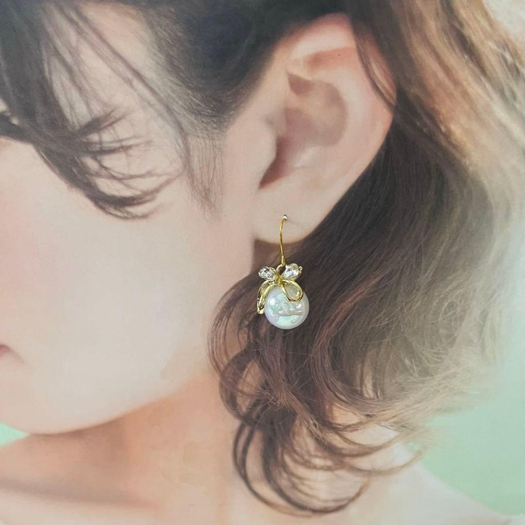 ☆❤️ りぼん　パール　ビジュー　ピアス　イヤリング