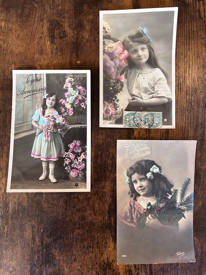 フランス 1907-09年 アンティーク ポストカード　少女 花 消印3枚セット