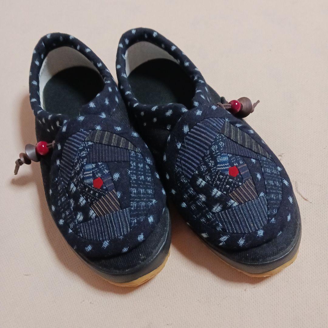古布リメイク～雪ん子絣書生絣縞古布リメイク足袋シューズ25cm