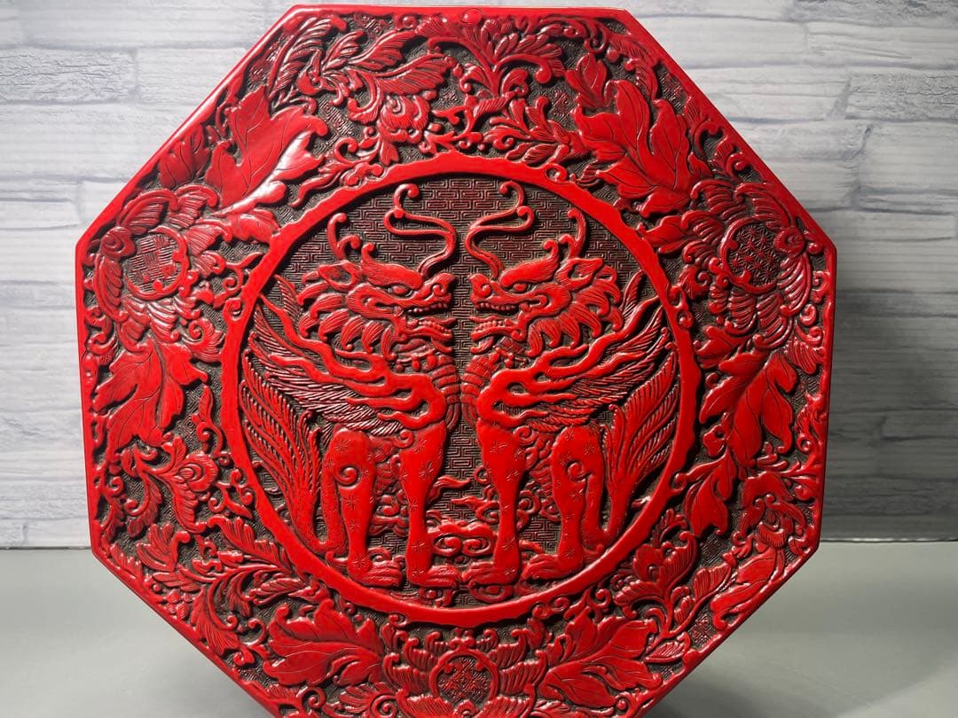 戦前　仙台堆朱　盆　菓子器　麒麟の浮き彫り　名品！
