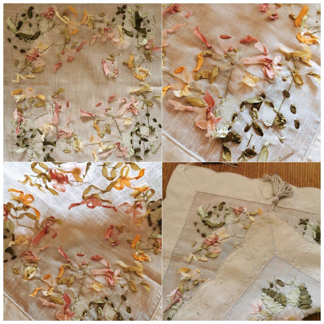 ヴィンテージドイツ リボンフラワーワーク 銀糸刺繍 スカラップオーガンジークロス