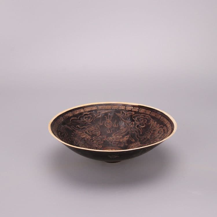 宋定窯彫刻烏金釉龍鳳碗 景徳鎮 陶磁器 装飾品 現代工芸品 美術品 置物