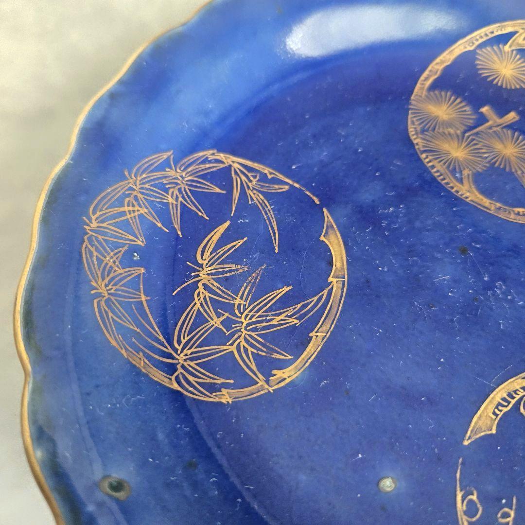 古伊万里　瑠璃　金彩　五寸皿　雪輪　江戸時代　骨董　金継ぎ　アンティーク
