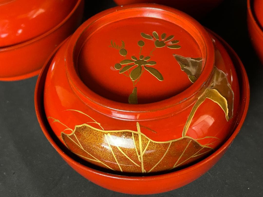 時代 輪島塗 金蒔絵 蓮図 朱塗 菓子椀 5客 茶懐石道具 73