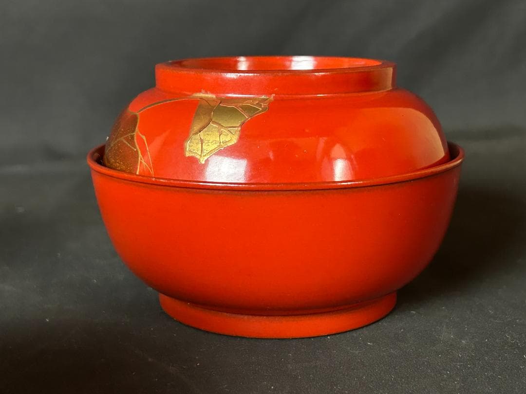 時代 輪島塗 金蒔絵 蓮図 朱塗 菓子椀 5客 茶懐石道具 73