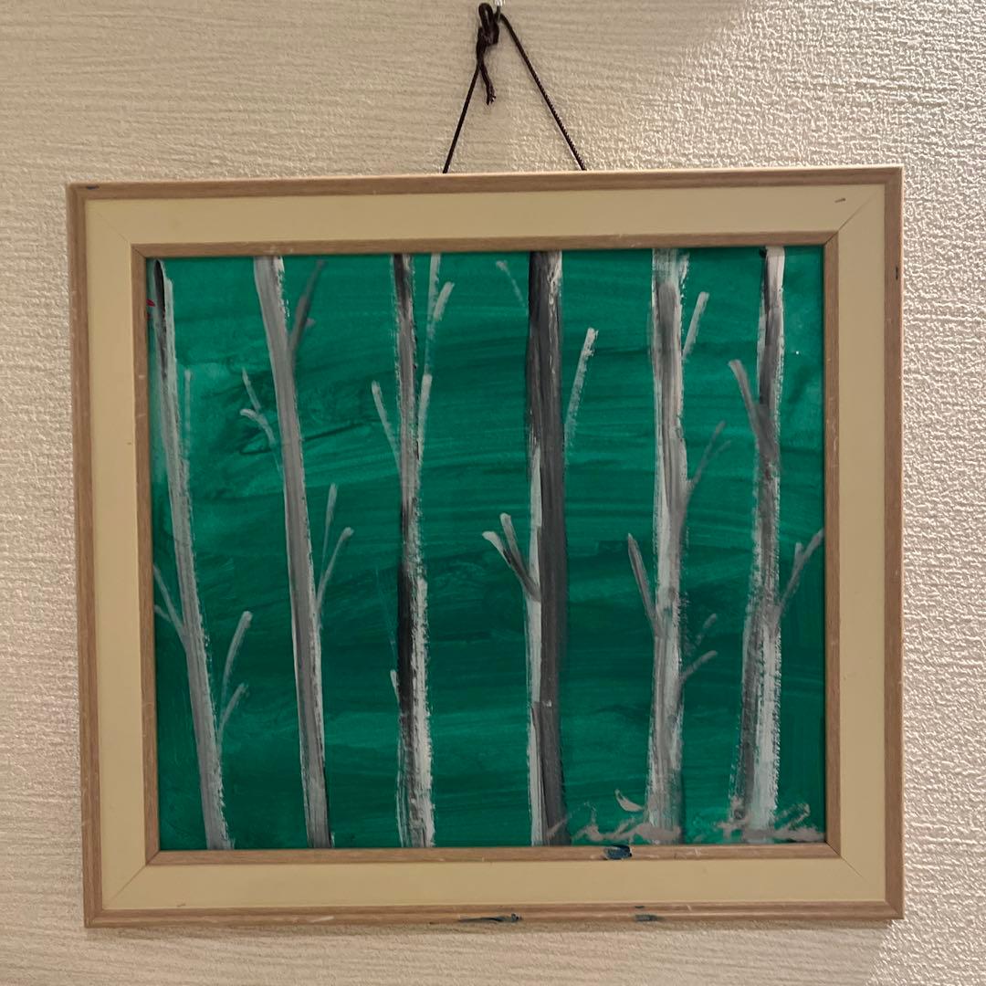 緑の木の幹の抽象画 約40cm x 40cmアクリル画