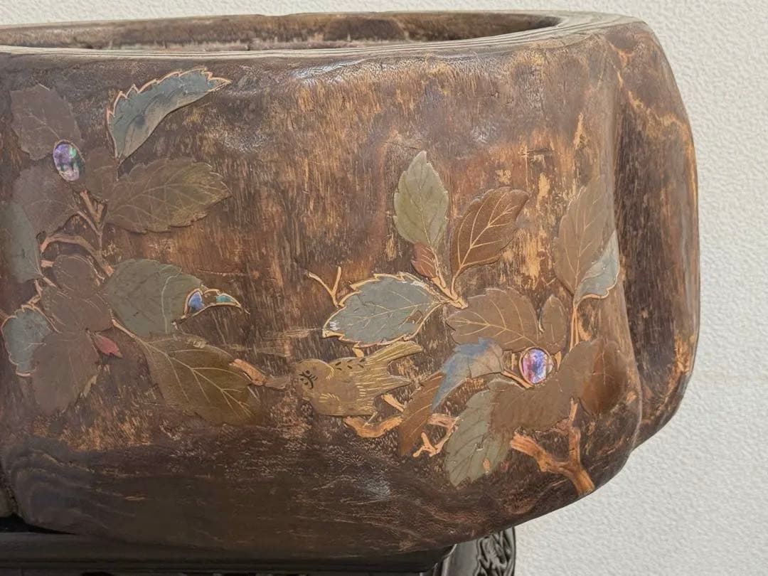 時代　桐火鉢　秋草蒔絵 火鉢　螺鈿入り　茶道具　アンティーク　送料込み1108