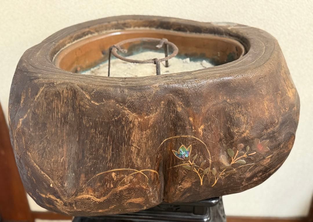 時代　桐火鉢　秋草蒔絵 火鉢　螺鈿入り　茶道具　アンティーク　送料込み1108