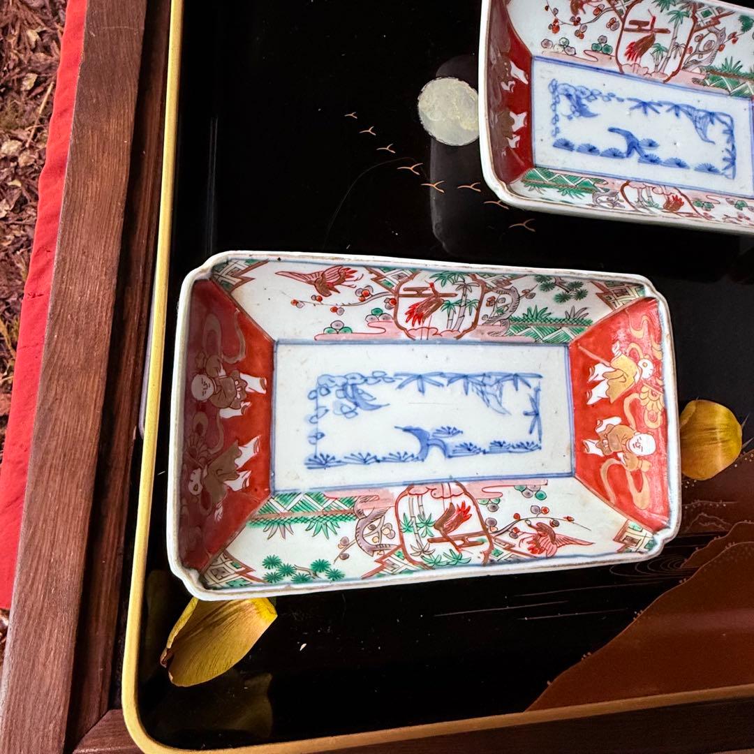 2236様感謝‼️春‼️古伊万里錦手　赤絵金彩鶴亀唐子吉祥図長皿2客　所有者稲田氏