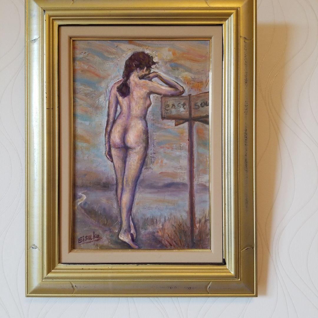 油絵　絵画　題名《岐路》道しるべ　裸婦　P 6 サイズ　2000年製作