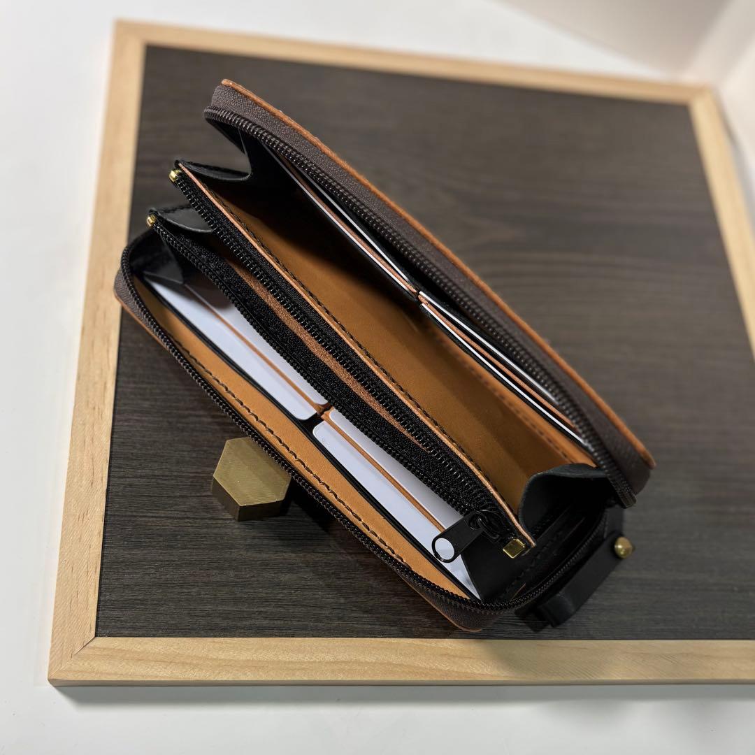 本革 ラウンドファスナー長財布 ラウンドジップ長財布 ハンドメイド キャメル 黒