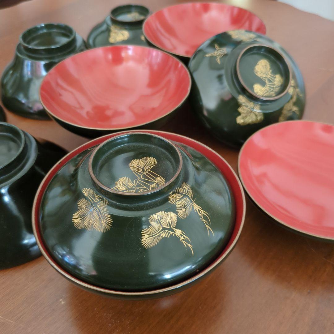 骨董　蓋付椀　木製　漆器　深緑　若松に折鶴　沈金蒔絵　5つ