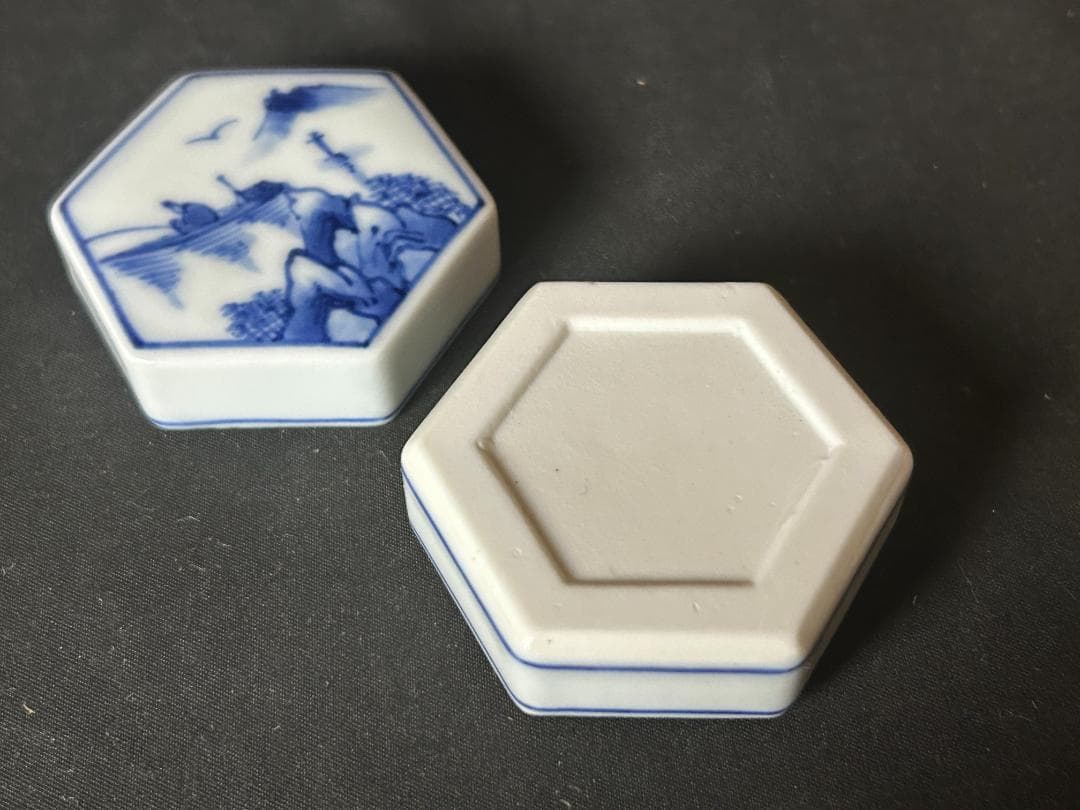 平安 龍岳造 染付 山水図 茶器揃い 7点 短冊箱-共箱 茶道具 86