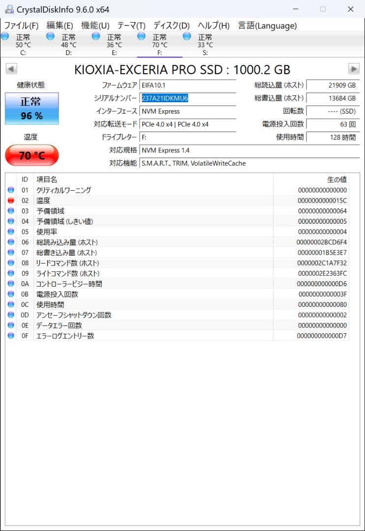 内蔵型SSD KIOXIA EXCERIA PRO NVMe SSD 1TB s/n-237*