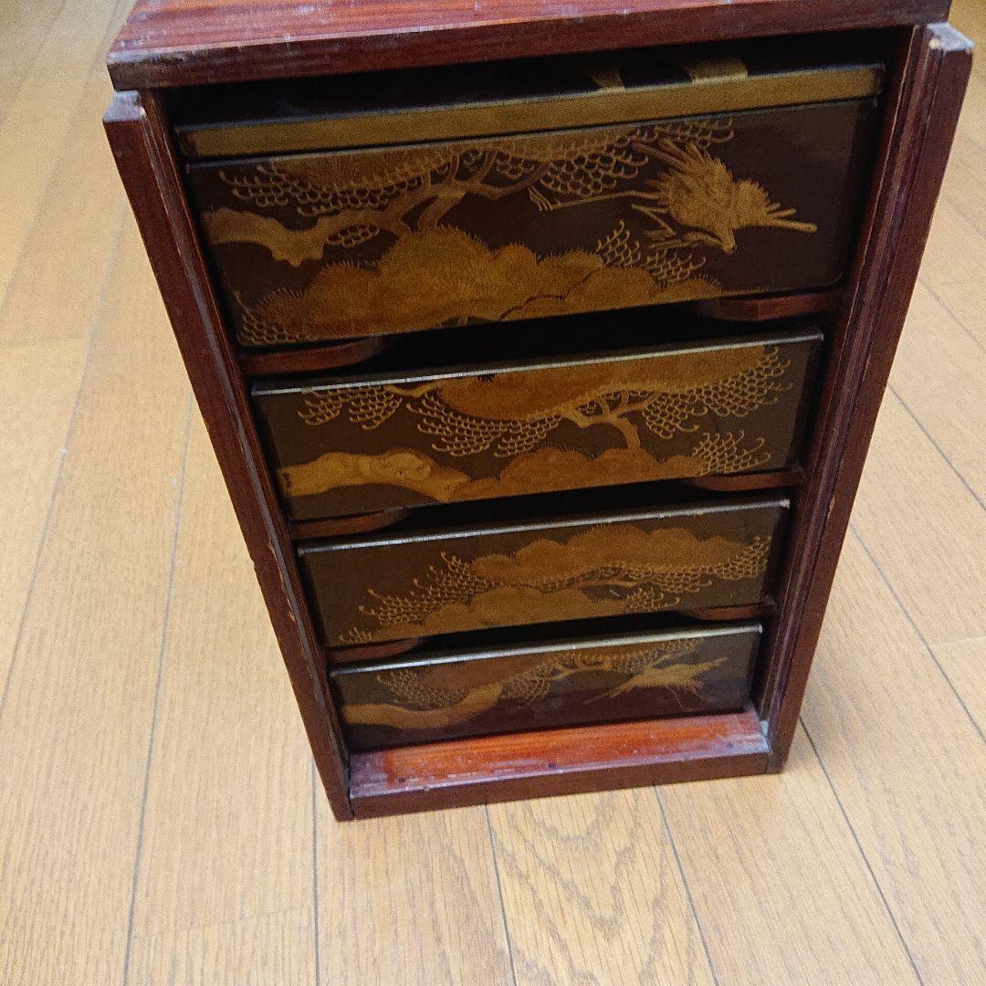 慶応 江戸末期 重箱 4段 金箔 鶴と松 岡箱 花見 お弁当 お重 骨董品