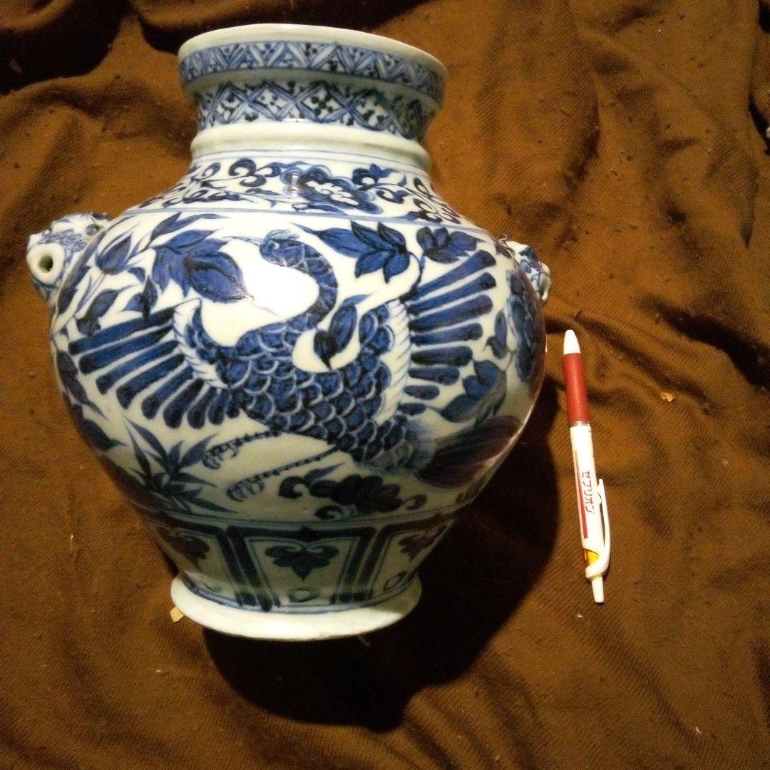 中国陶磁器　元染付　青白磁 鳳凰模様 陶器壺