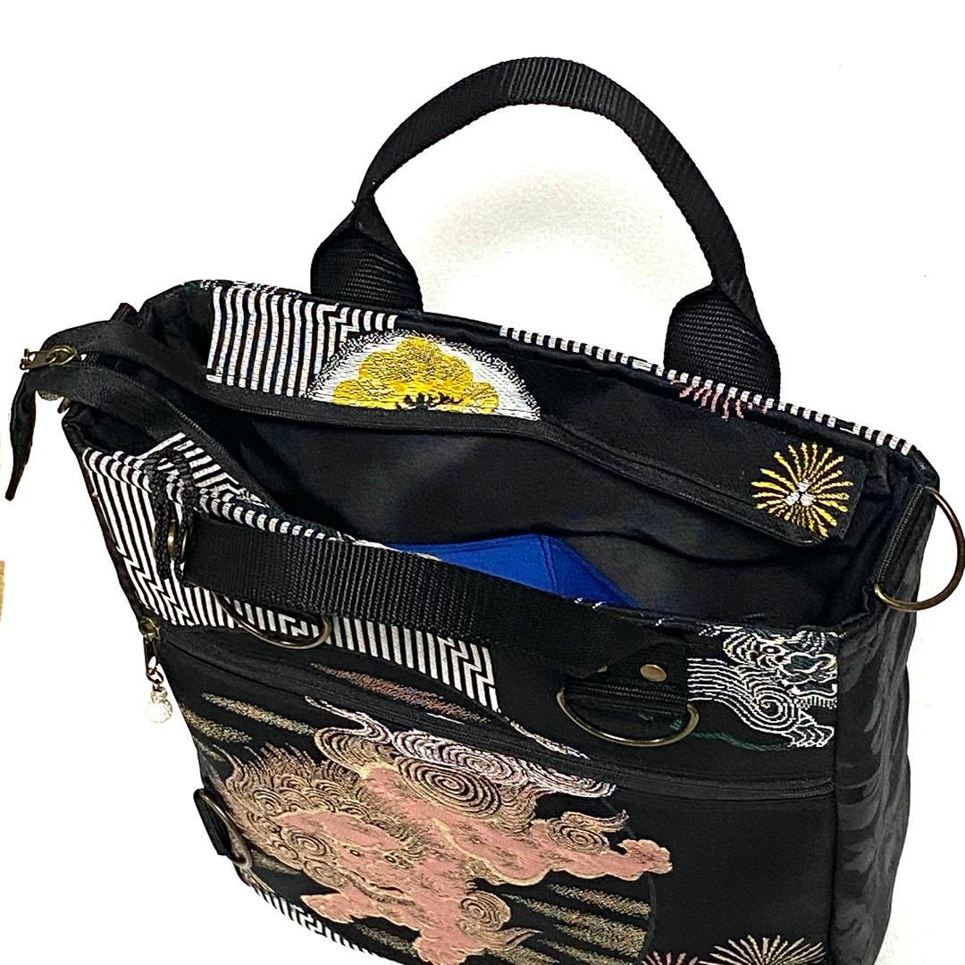 395 帯リメイク　桜色の唐獅子のBOX型3wayバッグ
