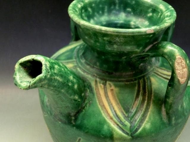 水注■唐物緑釉魚紋耳付箆目水瓶 水差 花瓶 古玩 古陶 中国 時代物 骨董品■