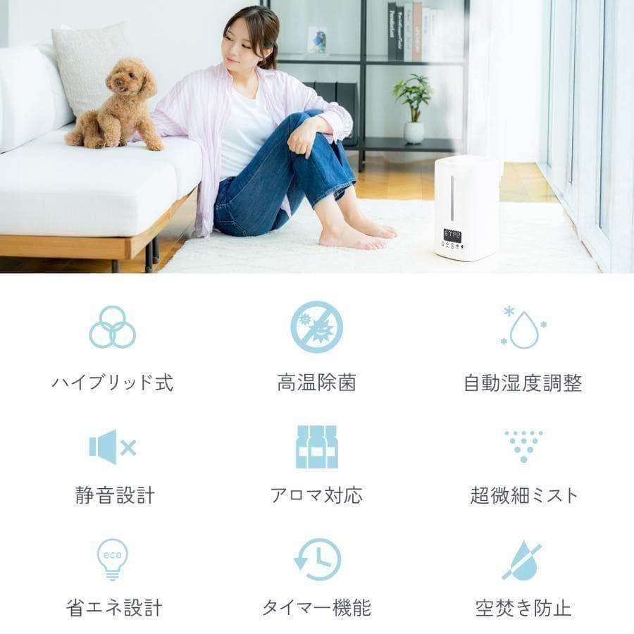 加湿器 超音波式 大容量 5l 小型 卓上ハイブリッド加熱式除菌 ホワイト