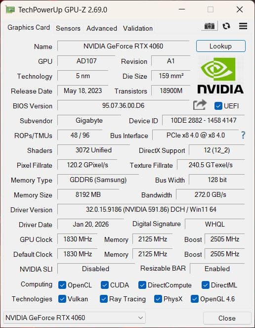 グラフィックボード・グラボ・ビデオカード Gigabyte GeForce RTX 4060 EAGLE OC ICE