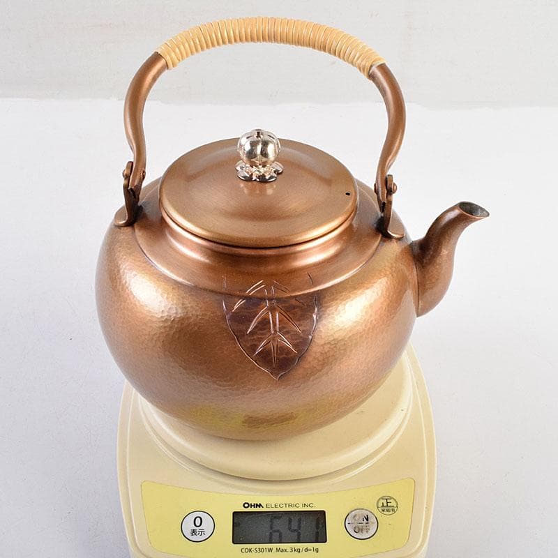 煎茶道具　山川堂造　純銅　葉文　手打　湯沸し　箱付　M　R9568
