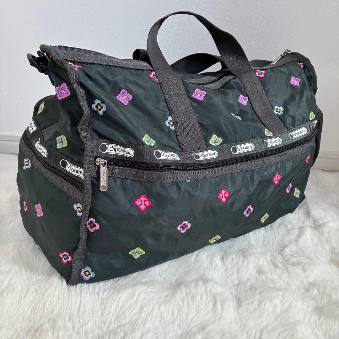 美品✨LeSportsac ボストンバッグ 花柄 刺繍 レスポ ポーチ ブラック