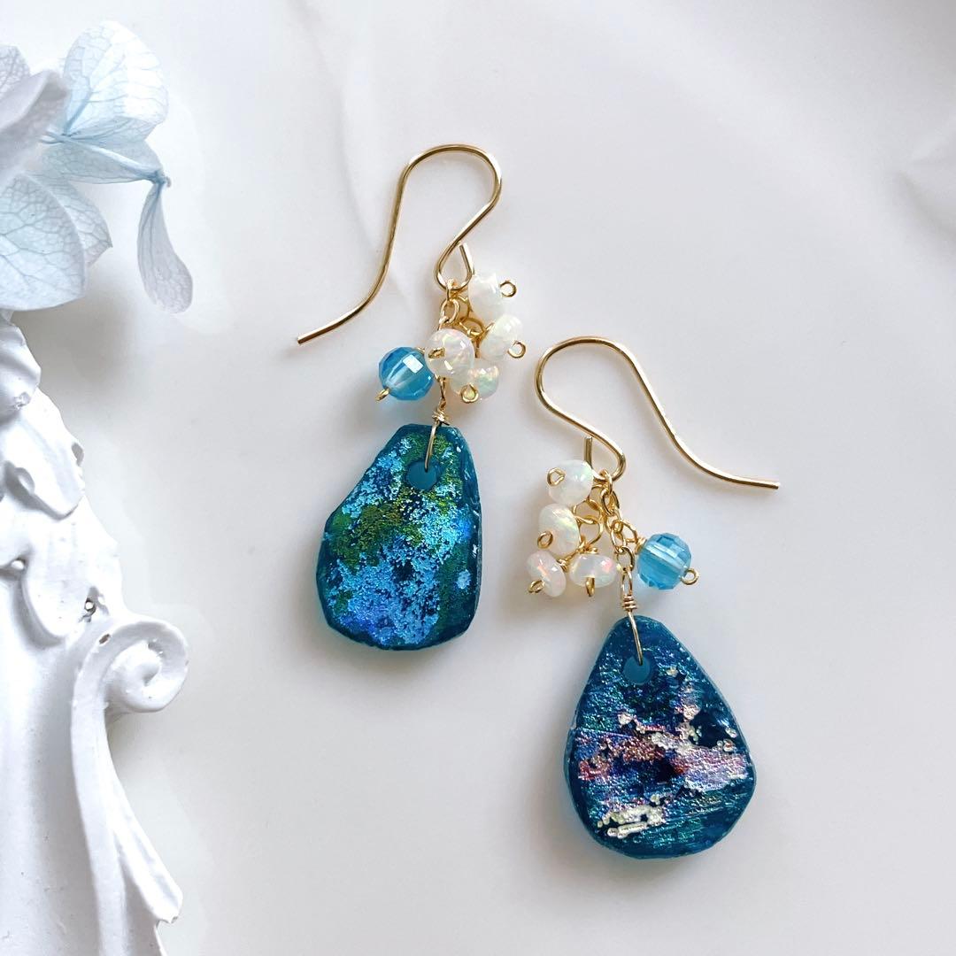 Kaya◆希少✧ローマングラス×スイスブルートパーズピアス✧オパール