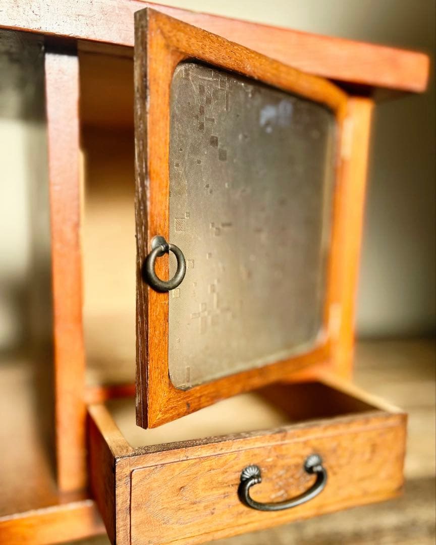 1950〜年代 木製 古道具 アンティーク 昭和レトロ キャスター モールガラス