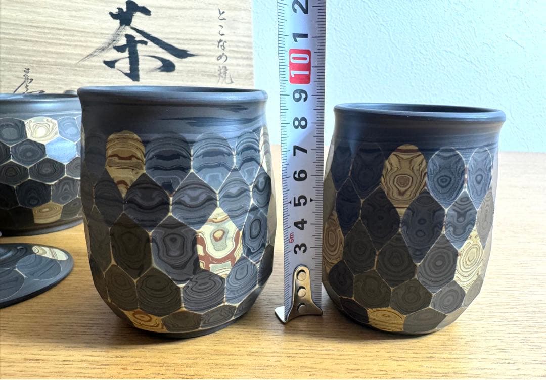 459 常滑焼　堀田憲児作　練込　削　茶器セット　未使用品　共箱