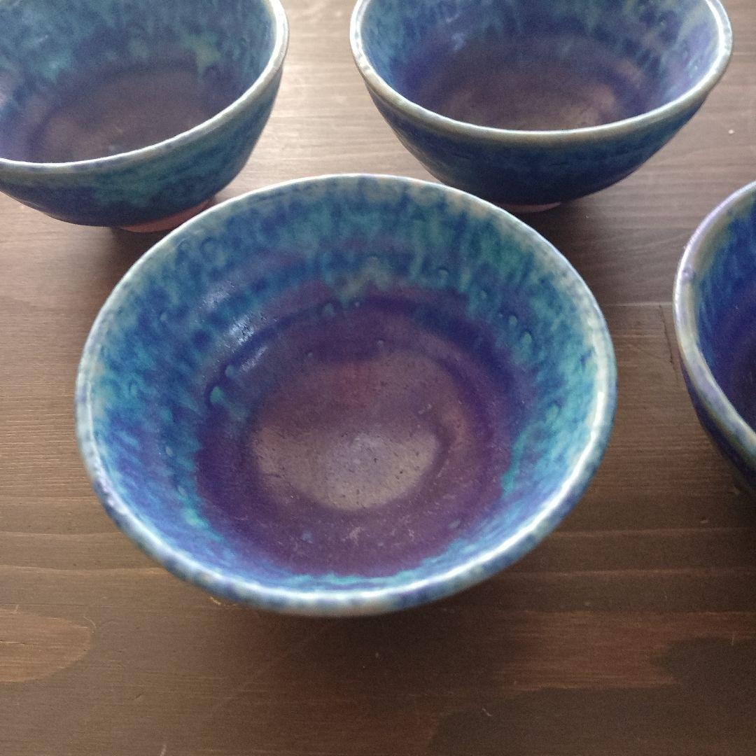 中国　建泰焼　孔雀藍　茶碗　5客 セット　青天目　茶道具
