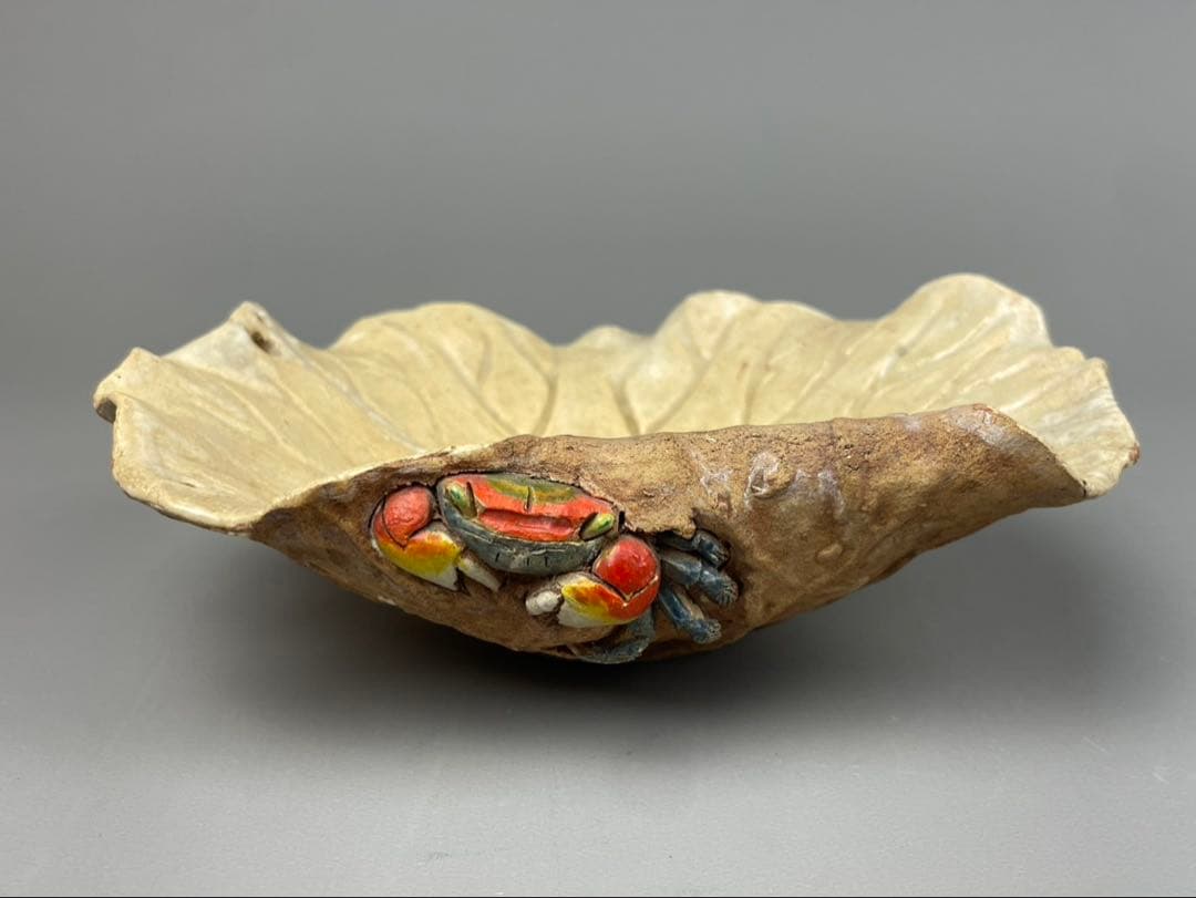 極上品 水月燒 傑作 名工 蟹 竹本輝夫 蓮の葉 菓子器 葉形 陶器 楽山焼