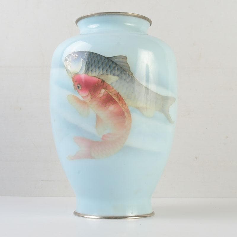 七宝焼　水色釉　双魚文　花瓶　V　9884
