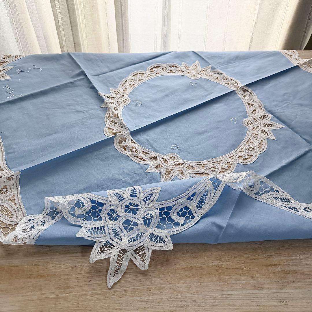 ヨーロッパヴィンテージ風 ブルーコットン × バテンレース テーブルクロスセット