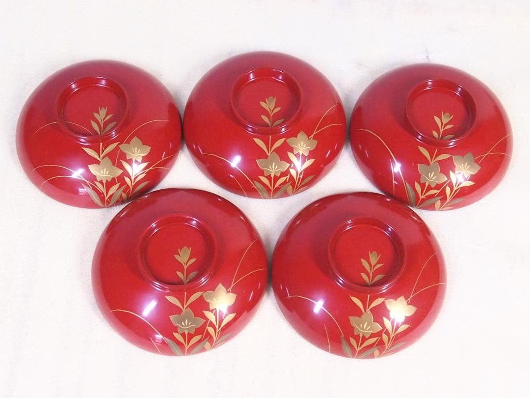 【美品】輪島塗 西久保田漆器店 桔梗蒔絵 小吸物椀 5客 瓢型/朱塗 漆器/食器