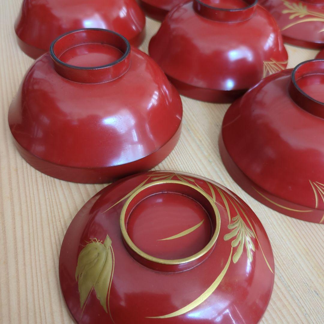 骨董　蓋付き椀　お椀　漆器　木製　蒔絵　花と蝶々　金彩　5つ〜