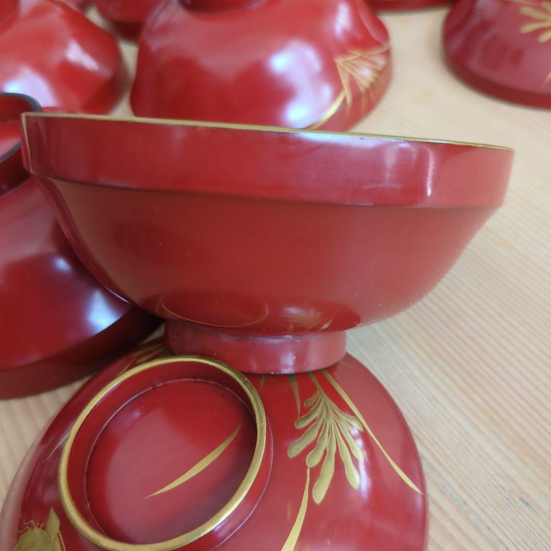骨董　蓋付き椀　お椀　漆器　木製　蒔絵　花と蝶々　金彩　5つ〜
