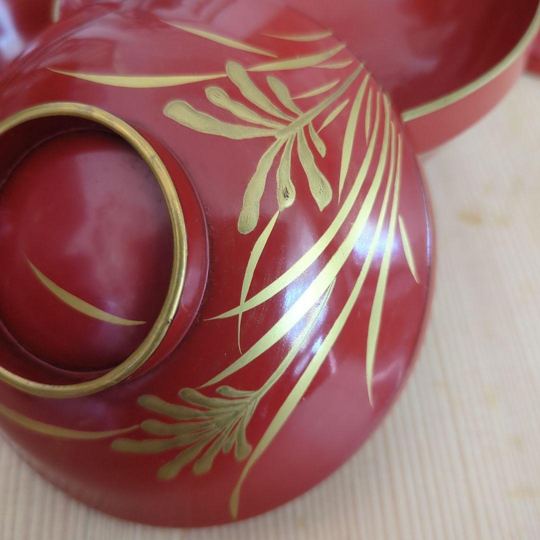 骨董　蓋付き椀　お椀　漆器　木製　蒔絵　花と蝶々　金彩　5つ〜