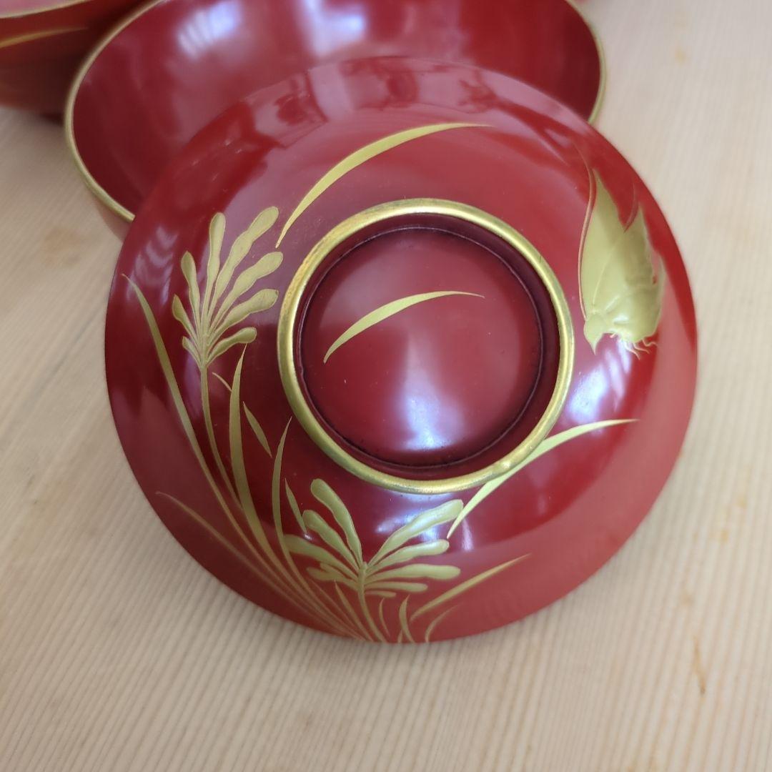 骨董　蓋付き椀　お椀　漆器　木製　蒔絵　花と蝶々　金彩　5つ〜