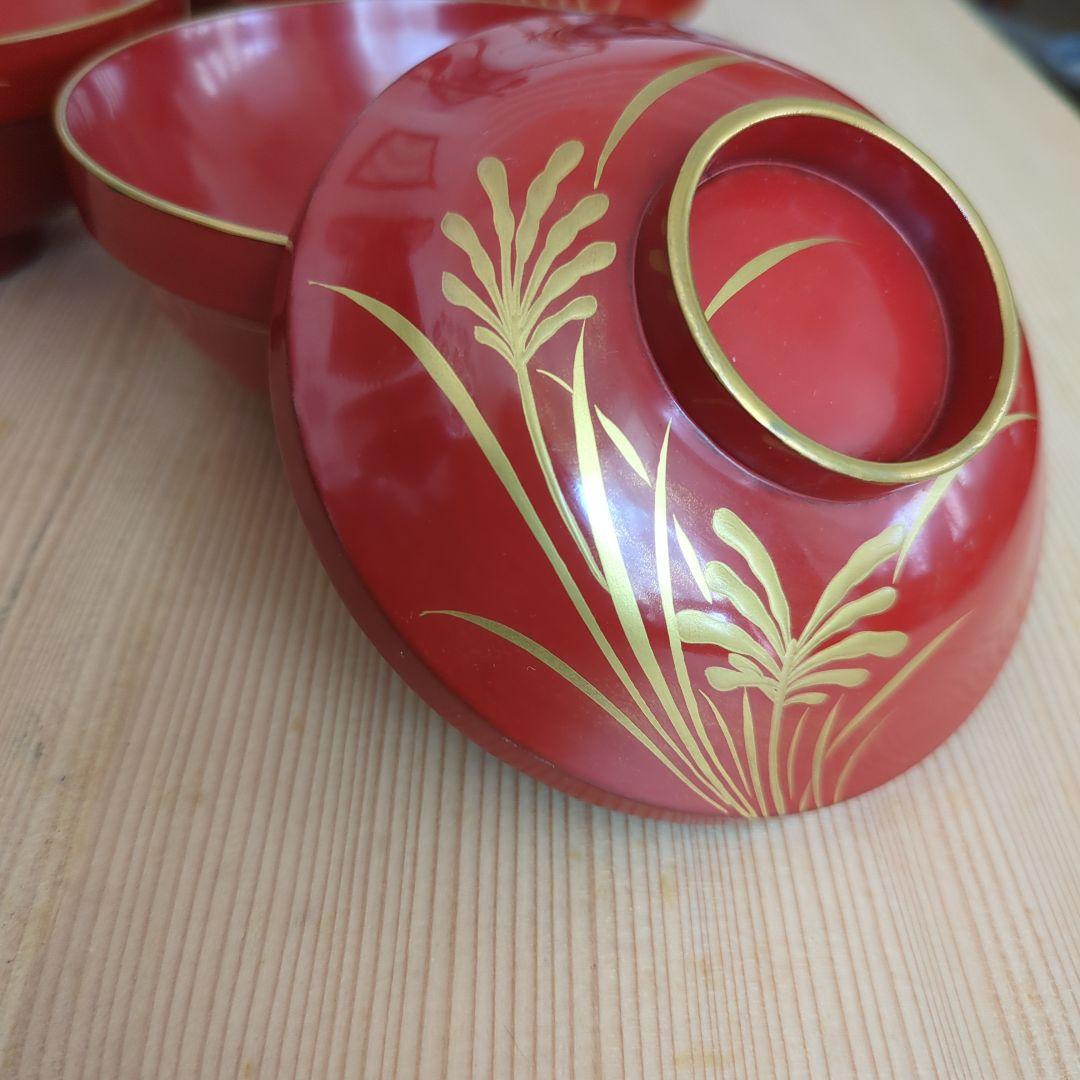 骨董　蓋付き椀　お椀　漆器　木製　蒔絵　花と蝶々　金彩　5つ〜
