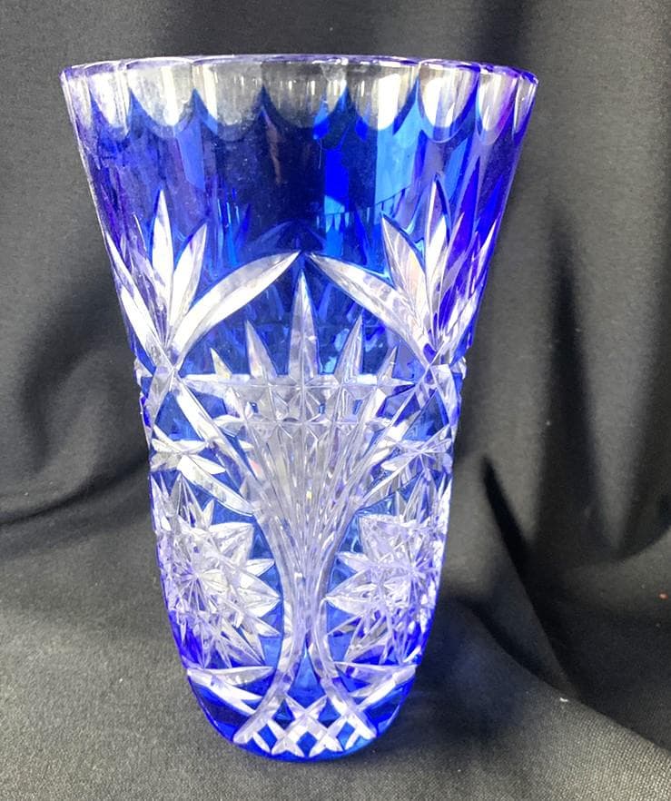 切子　フラワーベース　花瓶　青　クリスタル　ガラス　細工