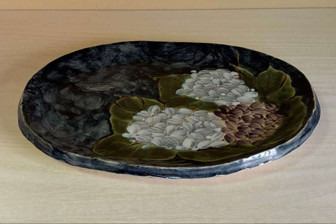 京焼 陶葊 土渕 陶あん窯 楕円大皿 色絵付け 紫陽花柄 30cm 1枚