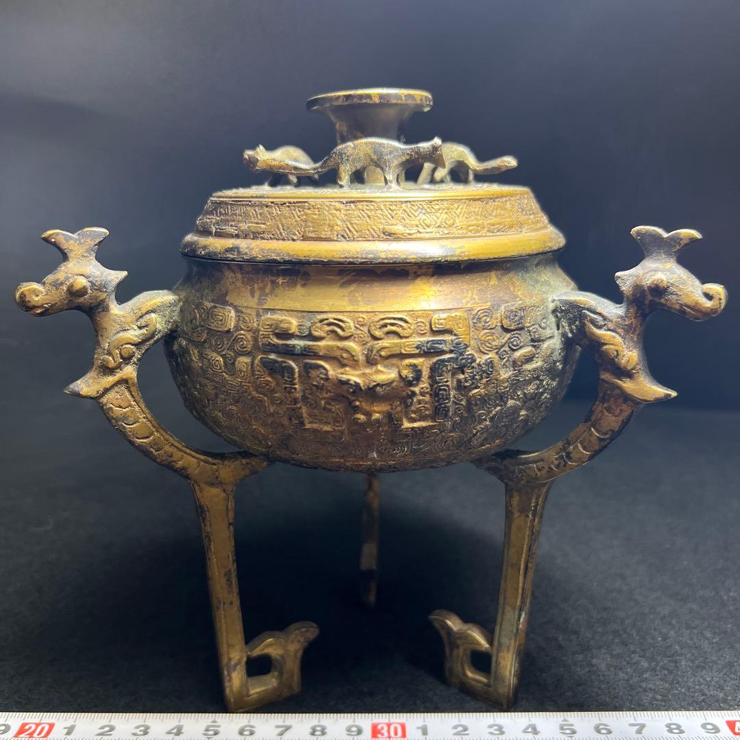 古銅　龍文香炉　高さ約18㎝/1054g 東Y8-0310①タルサオ