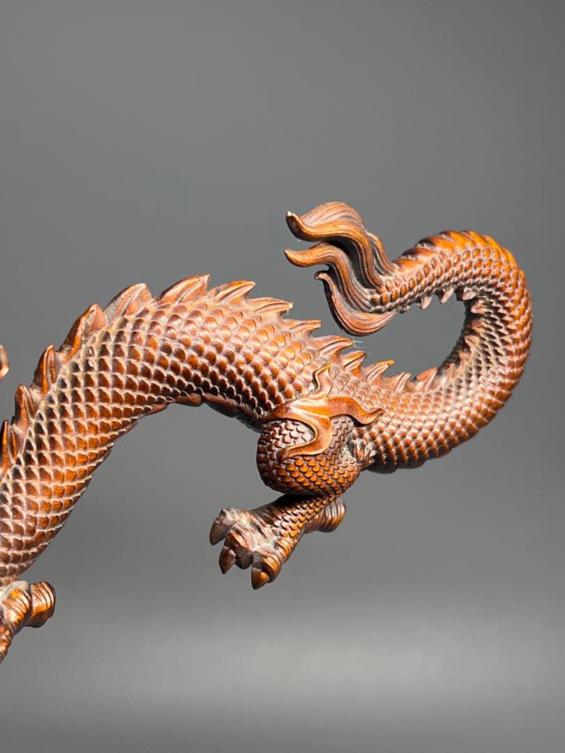 中国古美術 黄楊木 一刀彫 細密彫刻 龍 旧蔵 お守り 開運 コレクション 希少