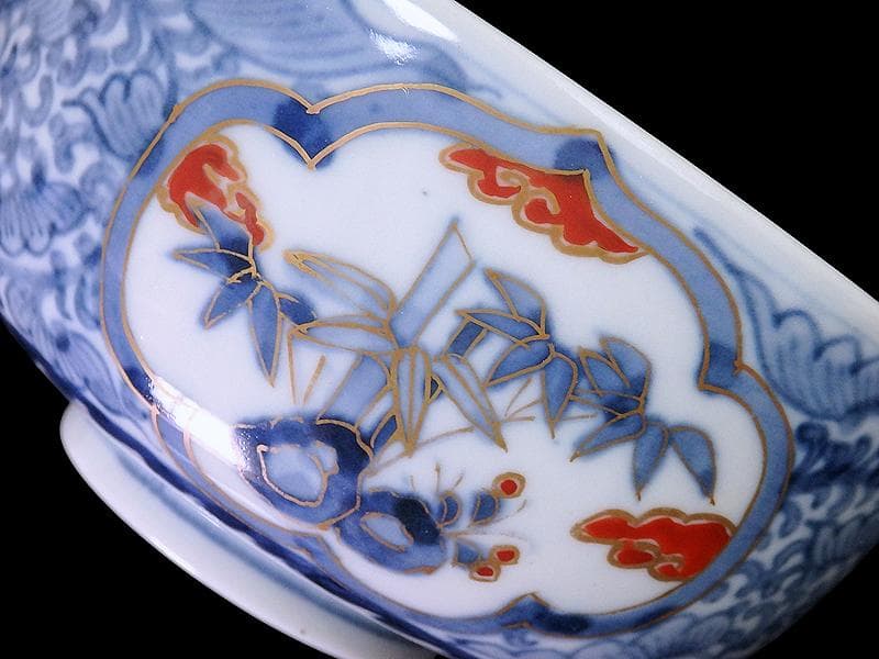 九谷　大聖寺伊万里　染錦　唐草に松竹梅の図　大振蓋茶碗　C435AS-fbvp
