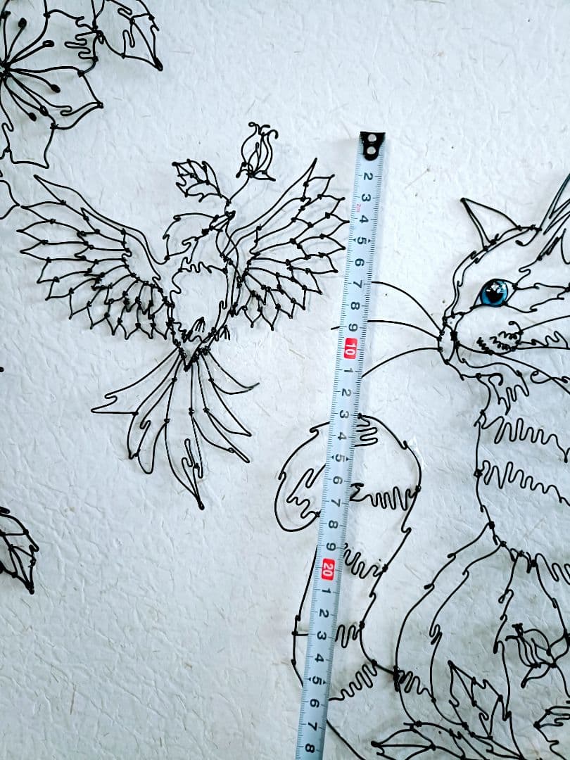 猫　小鳥　花 ワイヤークラフト　アート　壁掛け