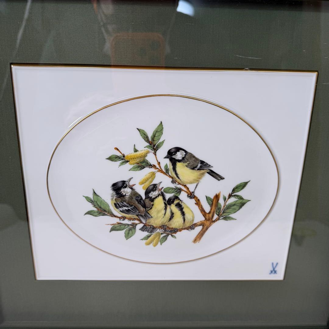 Meissen マイセン 陶板画 小鳥　陶板 画 小鳥 額 付き鳥 花 絵