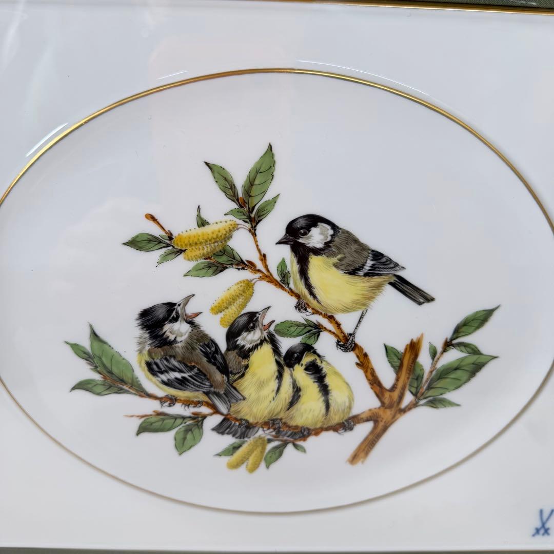 Meissen マイセン 陶板画 小鳥　陶板 画 小鳥 額 付き鳥 花 絵