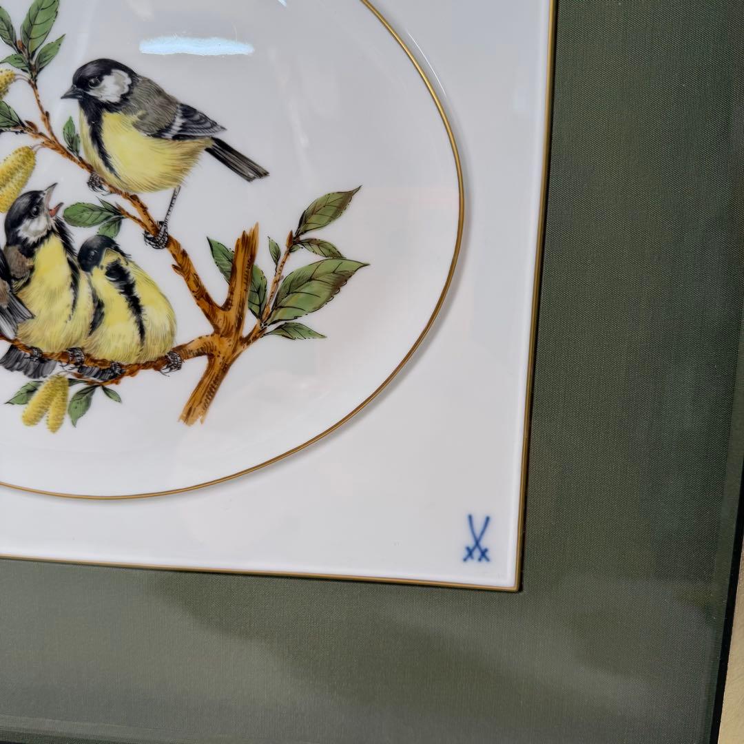 Meissen マイセン 陶板画 小鳥　陶板 画 小鳥 額 付き鳥 花 絵